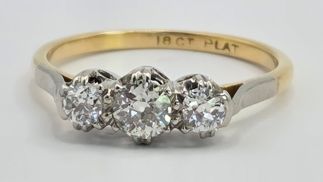 Vintage: 18ct Yellow Gold & Platinum Diamond 0.66ct Classic Trilogy Ring