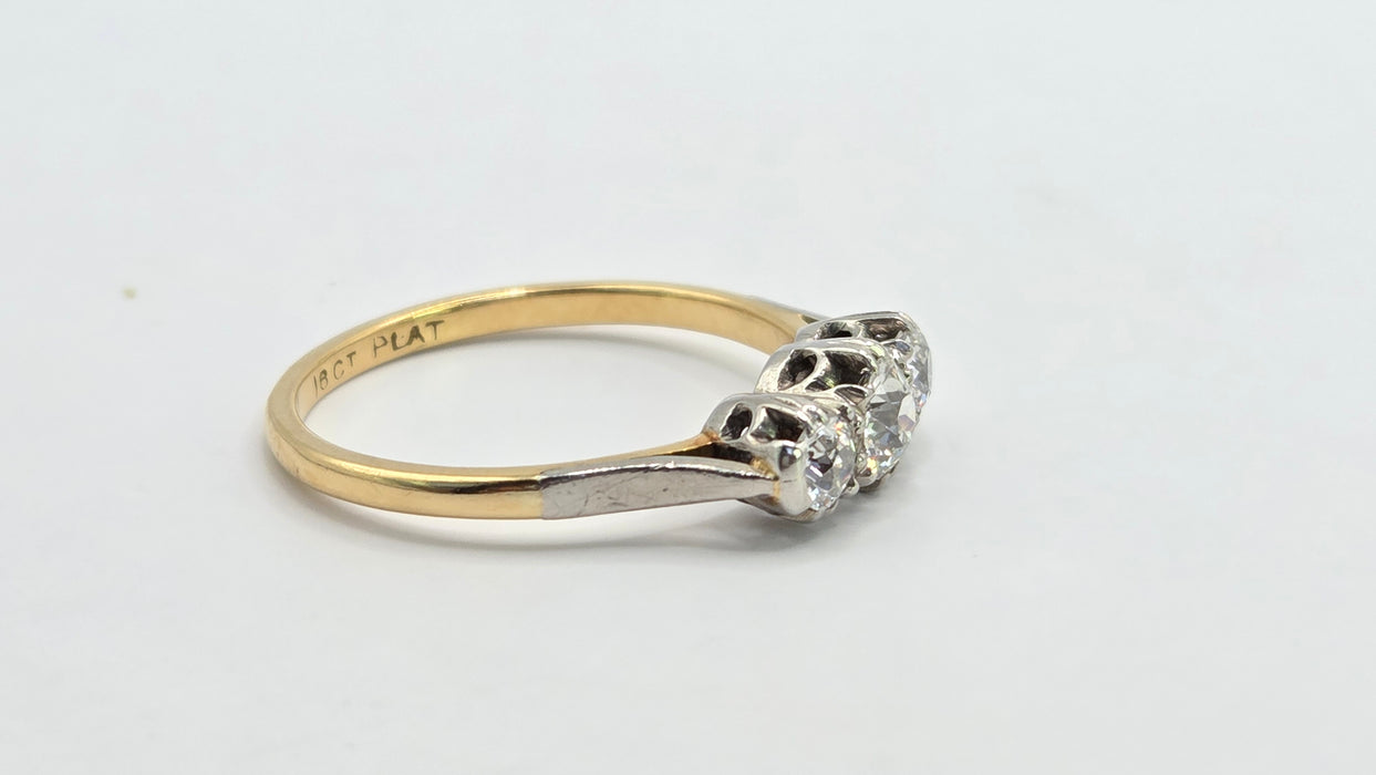 Vintage: 18ct Yellow Gold & Platinum Diamond 0.66ct Classic Trilogy Ring