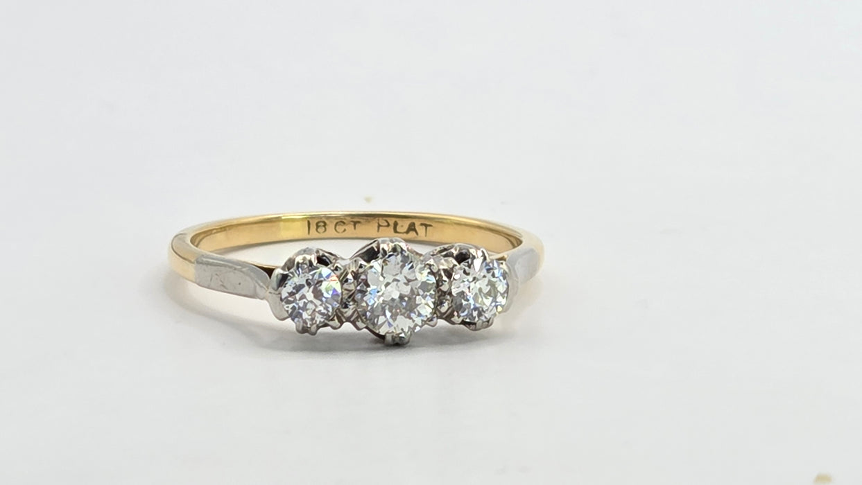 Vintage: 18ct Yellow Gold & Platinum Diamond 0.66ct Classic Trilogy Ring