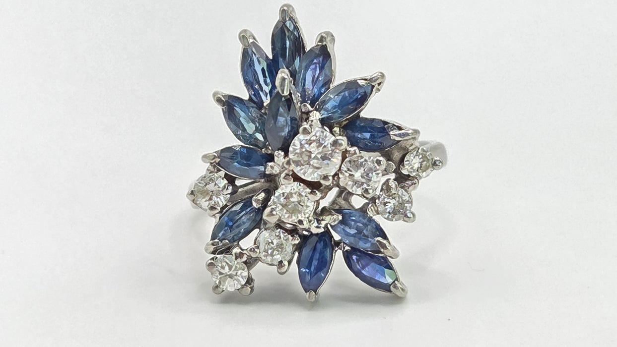 Vintage: 18ct White Gold Sapphire 1.50ct & Diamond 0.61ct Asymmetrical Cocktail Ring