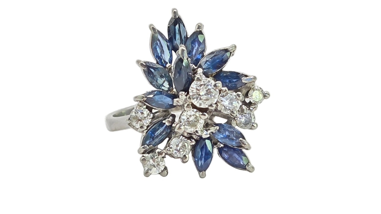 Vintage: 18ct White Gold Sapphire 1.50ct & Diamond 0.61ct Asymmetrical Cocktail Ring