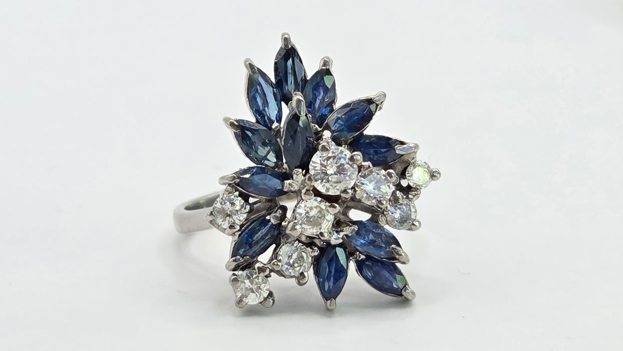 Vintage: 18ct White Gold Sapphire 1.50ct & Diamond 0.61ct Asymmetrical Cocktail Ring