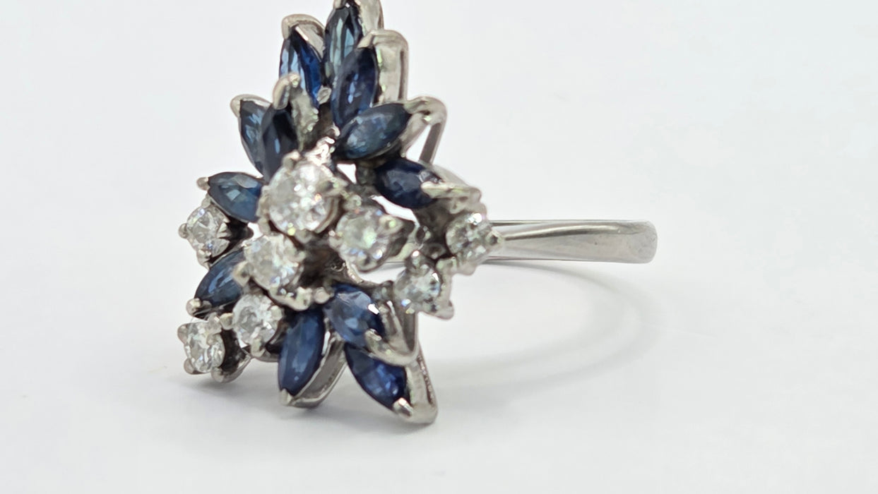 Vintage: 18ct White Gold Sapphire 1.50ct & Diamond 0.61ct Asymmetrical Cocktail Ring