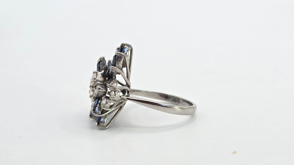 Vintage: 18ct White Gold Sapphire 1.50ct & Diamond 0.61ct Asymmetrical Cocktail Ring