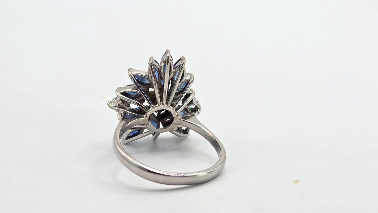 Vintage: 18ct White Gold Sapphire 1.50ct & Diamond 0.61ct Asymmetrical Cocktail Ring