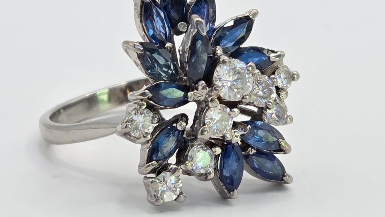 Vintage: 18ct White Gold Sapphire 1.50ct & Diamond 0.61ct Asymmetrical Cocktail Ring