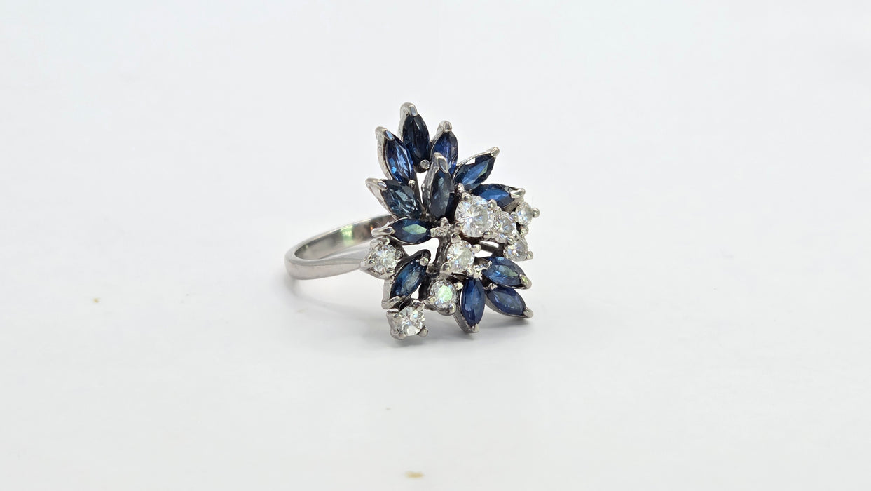 Vintage: 18ct White Gold Sapphire 1.50ct & Diamond 0.61ct Asymmetrical Cocktail Ring