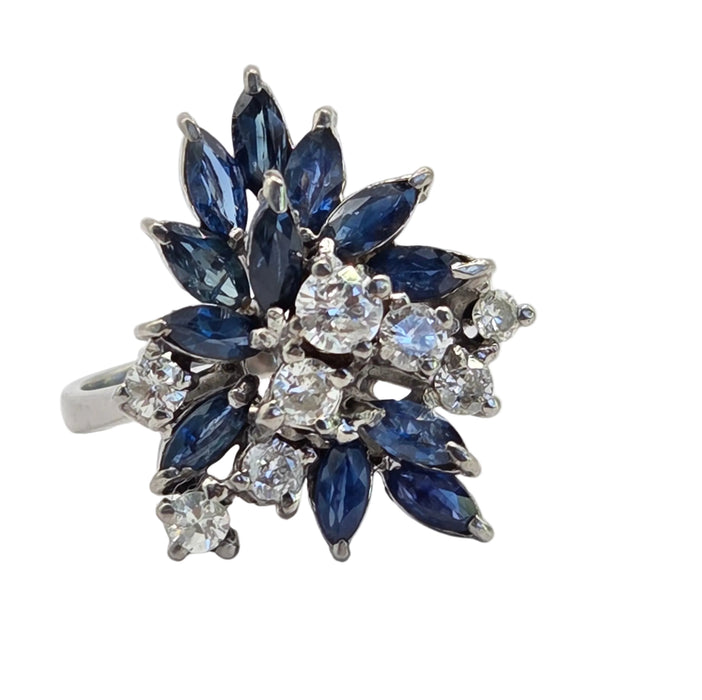 Vintage: 18ct White Gold Sapphire 1.50ct & Diamond 0.61ct Asymmetrical Cocktail Ring