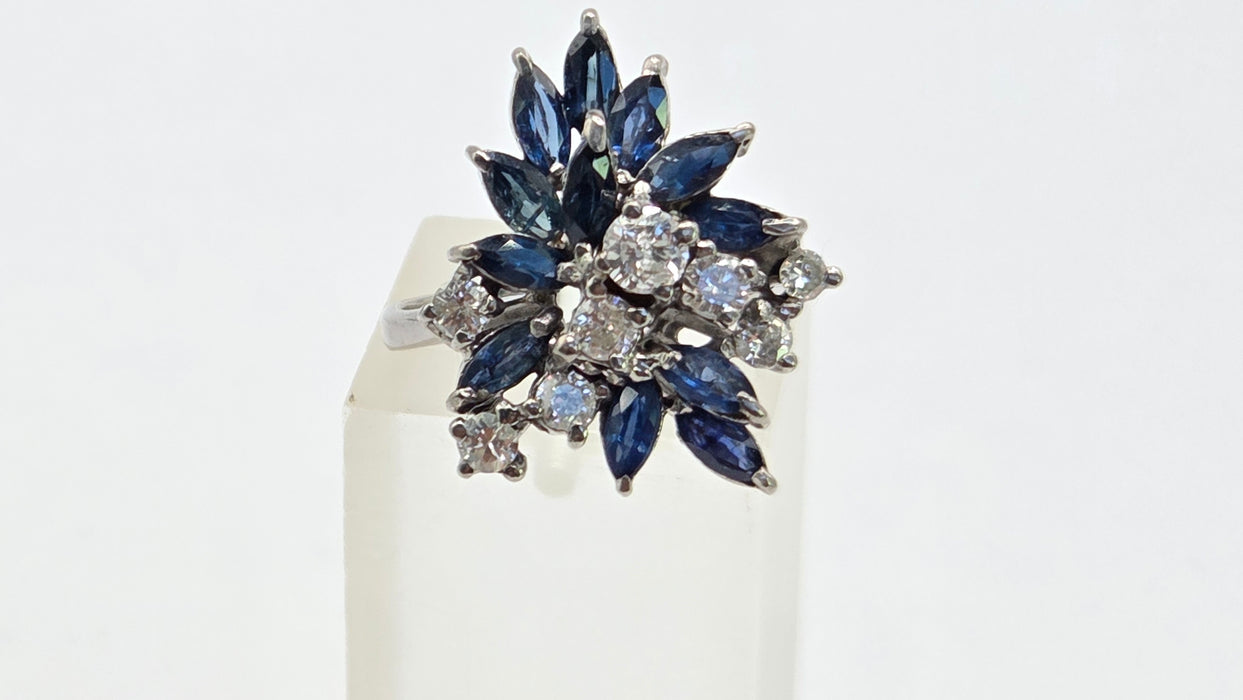 Vintage: 18ct White Gold Sapphire 1.50ct & Diamond 0.61ct Asymmetrical Cocktail Ring