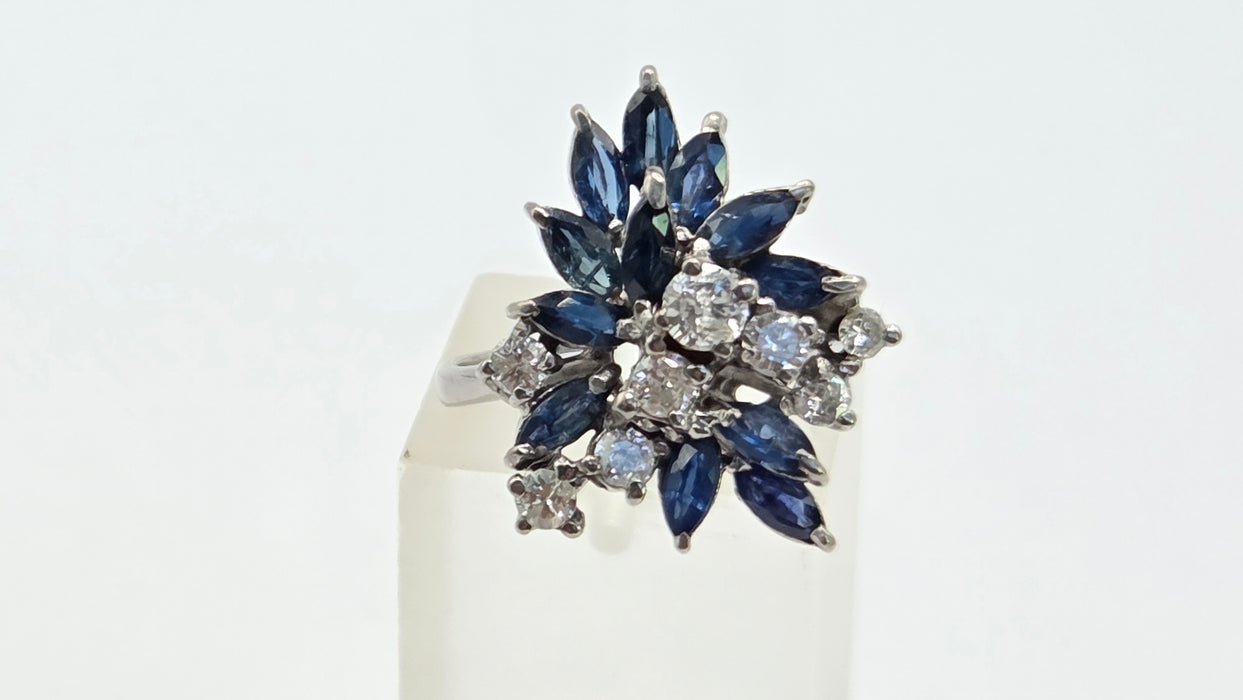 Vintage: 18ct White Gold Sapphire 1.50ct & Diamond 0.61ct Asymmetrical Cocktail Ring