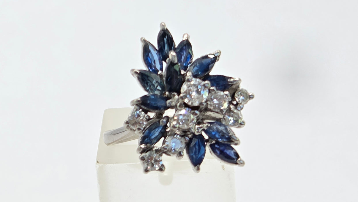 Vintage: 18ct White Gold Sapphire 1.50ct & Diamond 0.61ct Asymmetrical Cocktail Ring