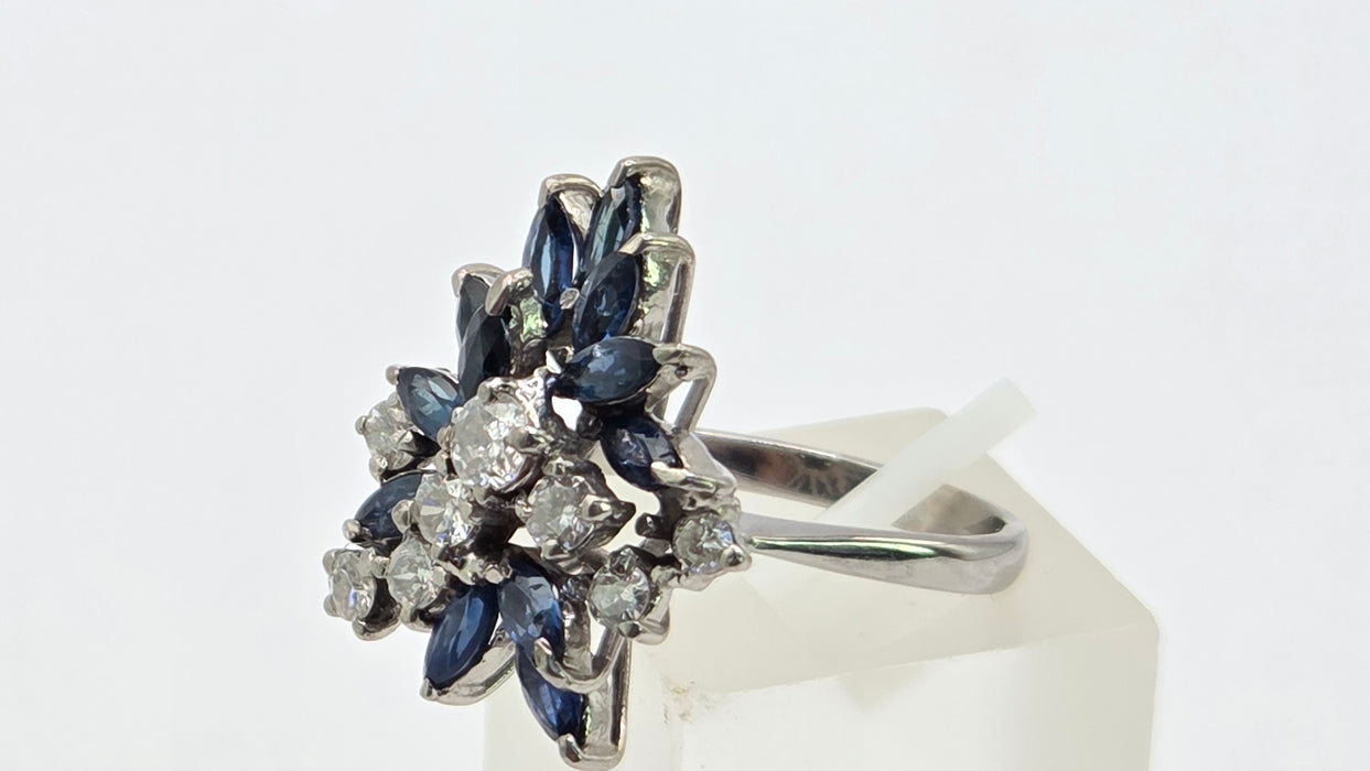 Vintage: 18ct White Gold Sapphire 1.50ct & Diamond 0.61ct Asymmetrical Cocktail Ring