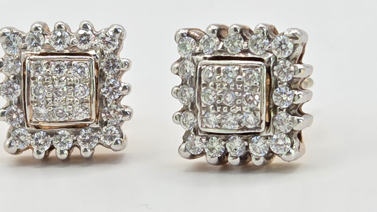 Vintage: 18ct Yellow Gold 50-Diamond 0.62ct Art Deco Square Cluster Stud Earrings