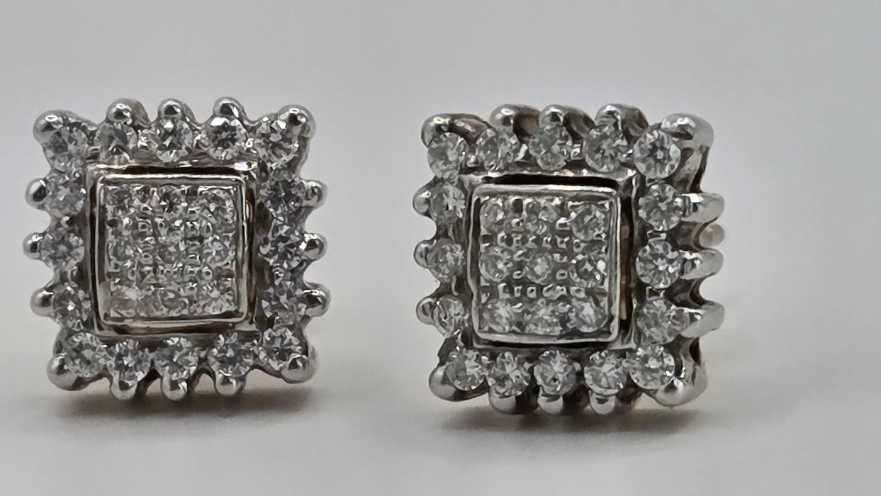 Vintage: 18ct Yellow Gold 50-Diamond 0.62ct Art Deco Square Cluster Stud Earrings