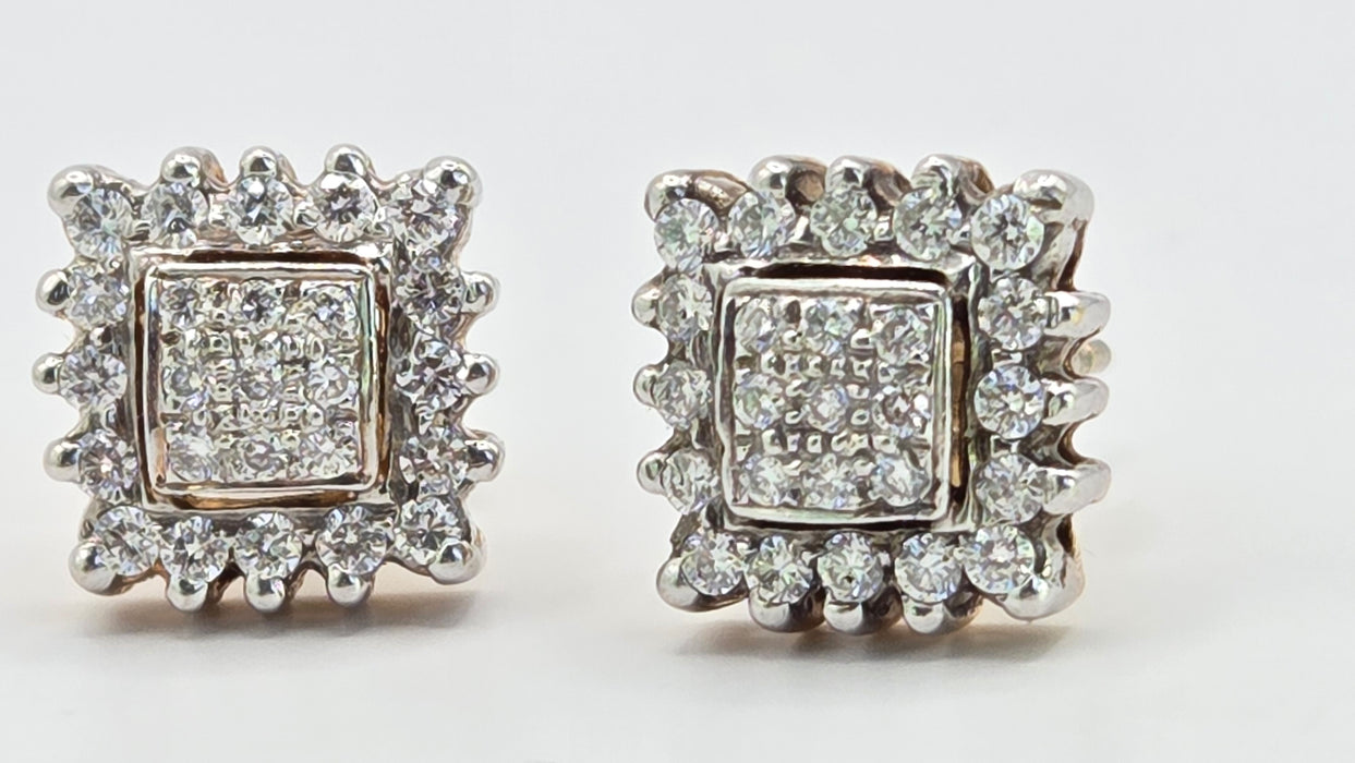 Vintage: 18ct Yellow Gold 50-Diamond 0.62ct Art Deco Square Cluster Stud Earrings
