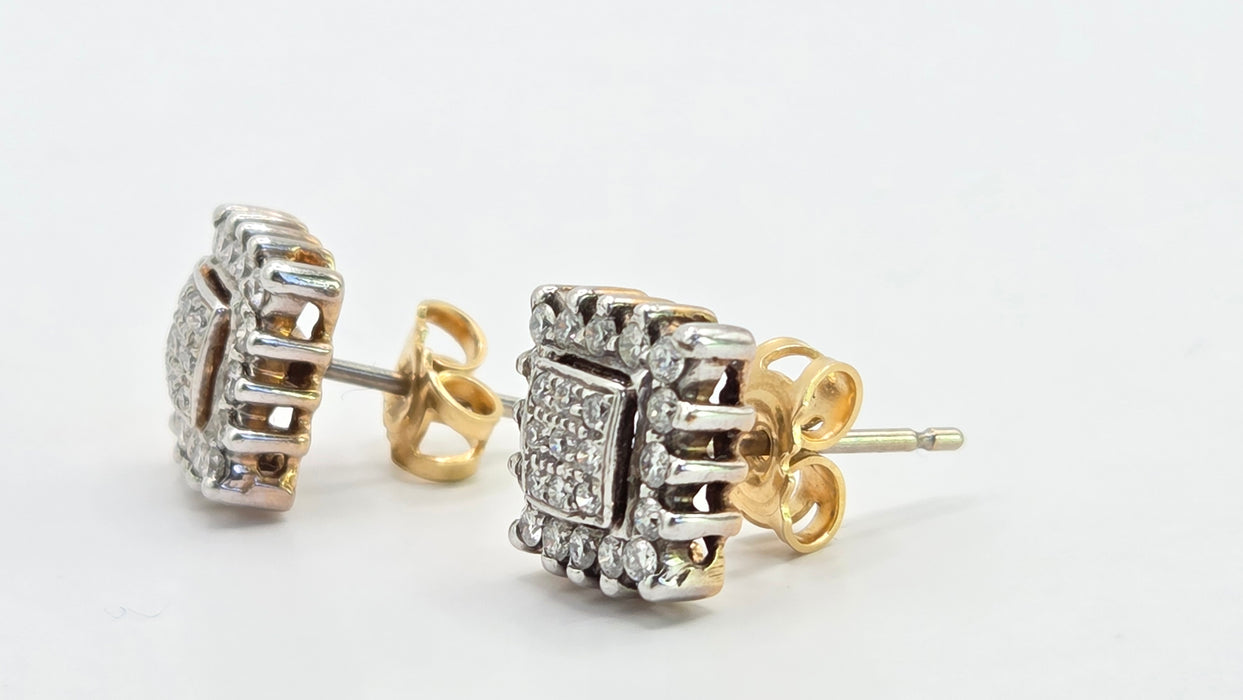 Vintage: 18ct Yellow Gold 50-Diamond 0.62ct Art Deco Square Cluster Stud Earrings