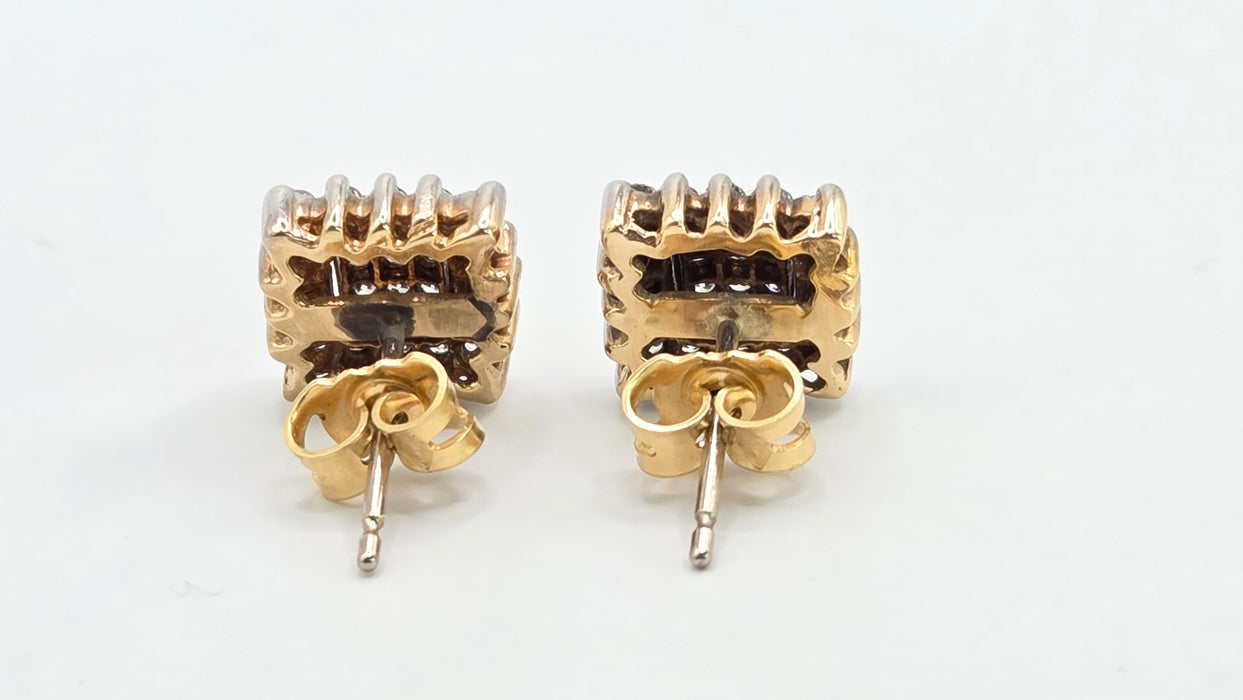Vintage: 18ct Yellow Gold 50-Diamond 0.62ct Art Deco Square Cluster Stud Earrings