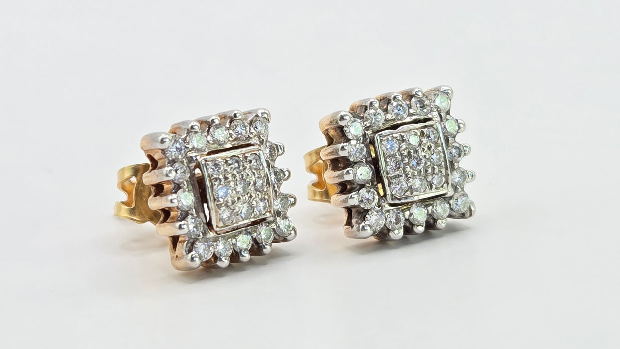 Vintage: 18ct Yellow Gold 50-Diamond 0.62ct Art Deco Square Cluster Stud Earrings