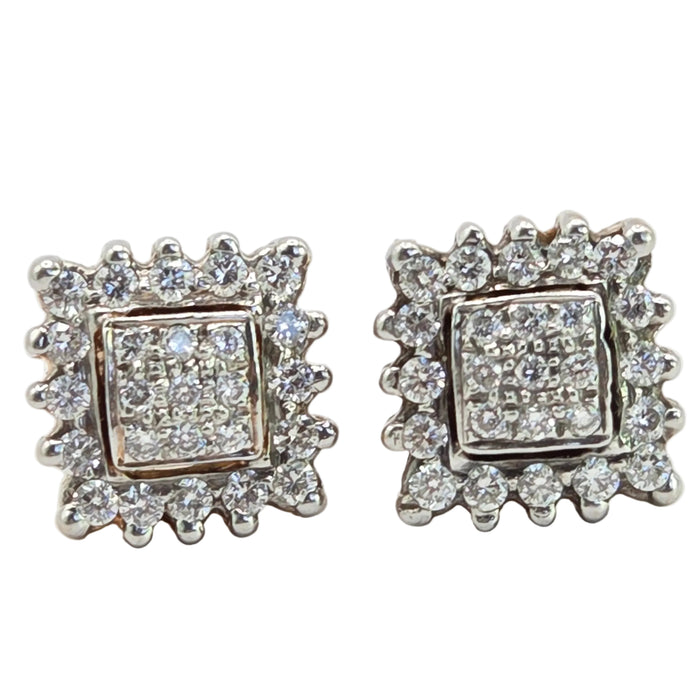Vintage: 18ct Yellow Gold 50-Diamond 0.62ct Art Deco Square Cluster Stud Earrings
