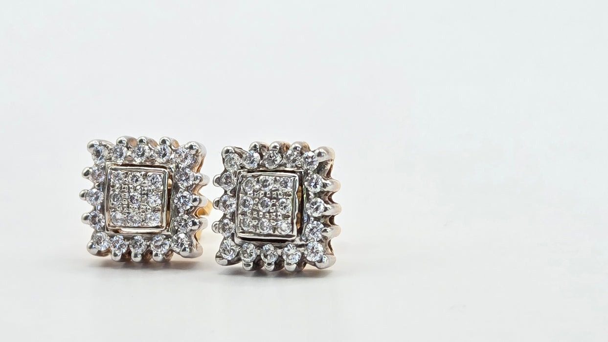 Vintage: 18ct Yellow Gold 50-Diamond 0.62ct Art Deco Square Cluster Stud Earrings