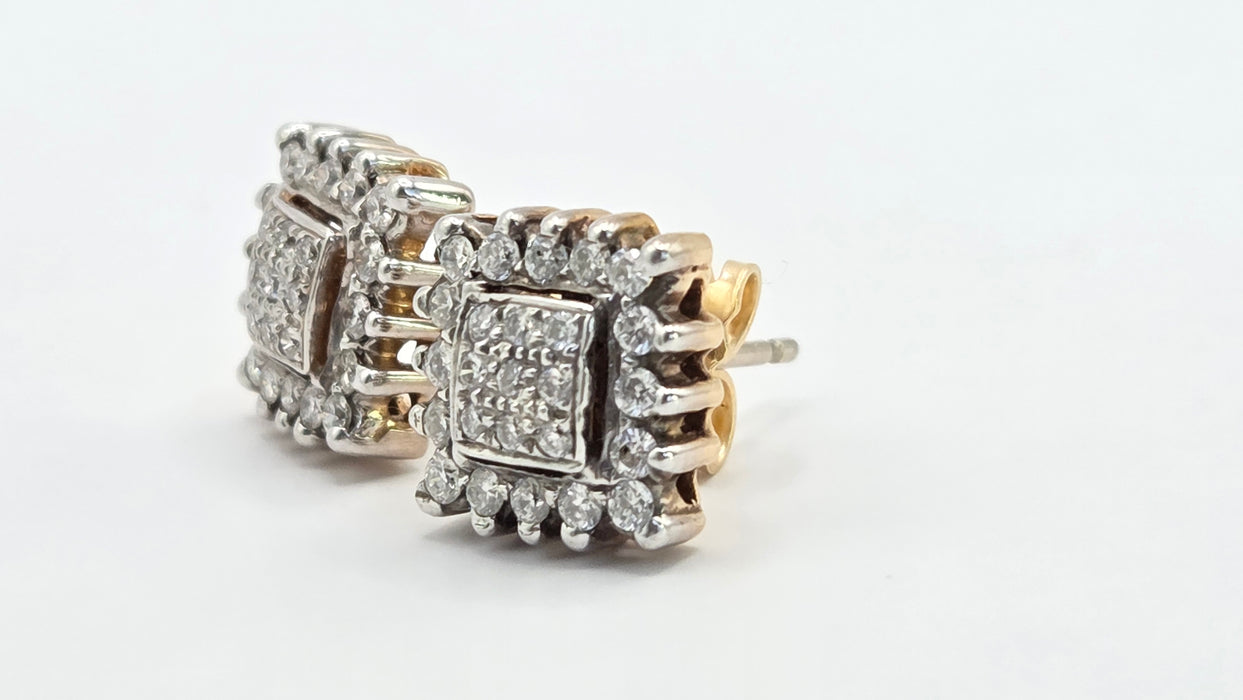 Vintage: 18ct Yellow Gold 50-Diamond 0.62ct Art Deco Square Cluster Stud Earrings