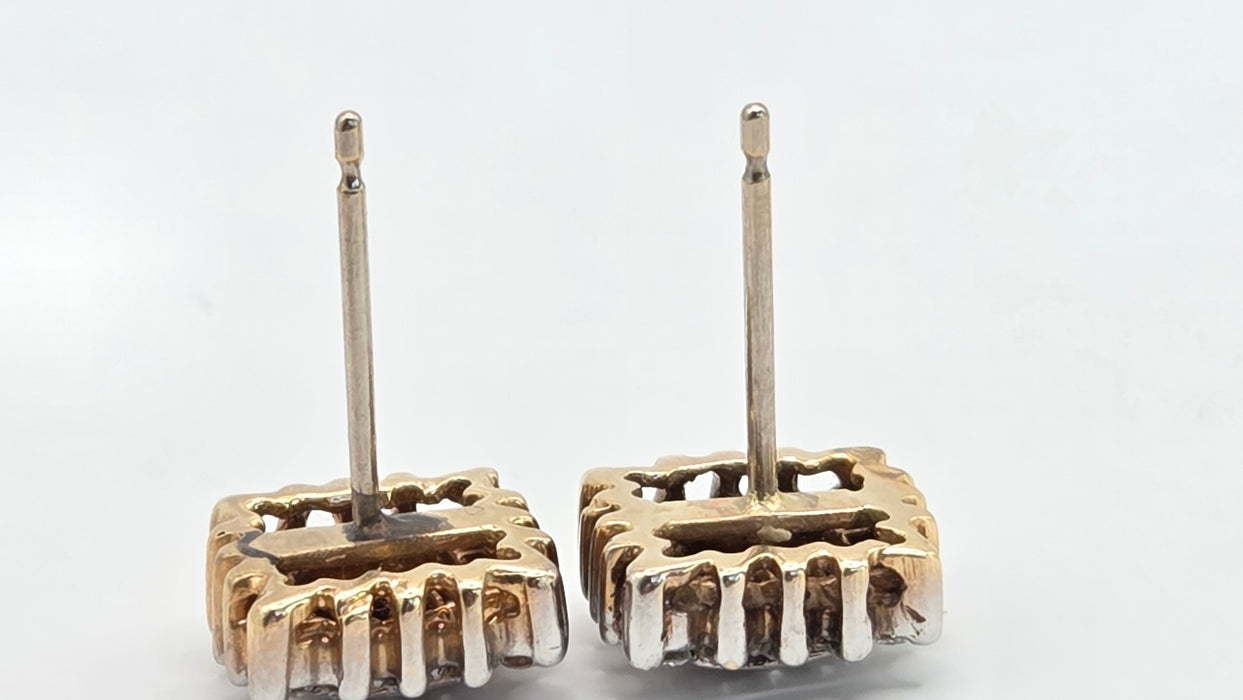 Vintage: 18ct Yellow Gold 50-Diamond 0.62ct Art Deco Square Cluster Stud Earrings