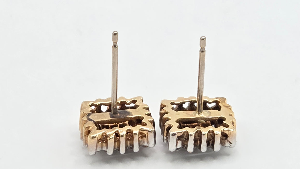 Vintage: 18ct Yellow Gold 50-Diamond 0.62ct Art Deco Square Cluster Stud Earrings