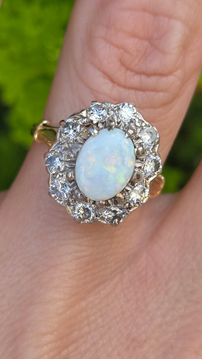 Vintage: 18ct Yellow Gold Opal 1.00ct & Diamond 0.75ct Fleur-de-lys Cluster Ring