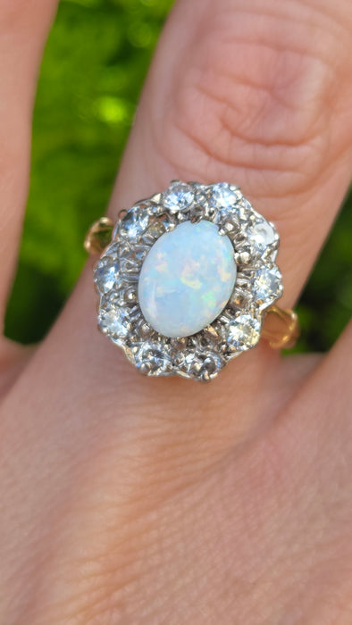 Vintage: 18ct Yellow Gold Opal 1.00ct & Diamond 0.75ct Fleur-de-lys Cluster Ring