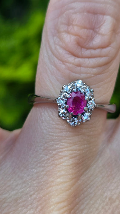 Vintage: 18ct White Gold Ruby 0.50ct & Diamond 0.24ct Oval Dress Ring