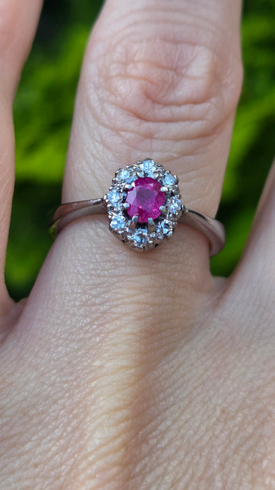Vintage: 18ct White Gold Ruby 0.50ct & Diamond 0.24ct Oval Dress Ring