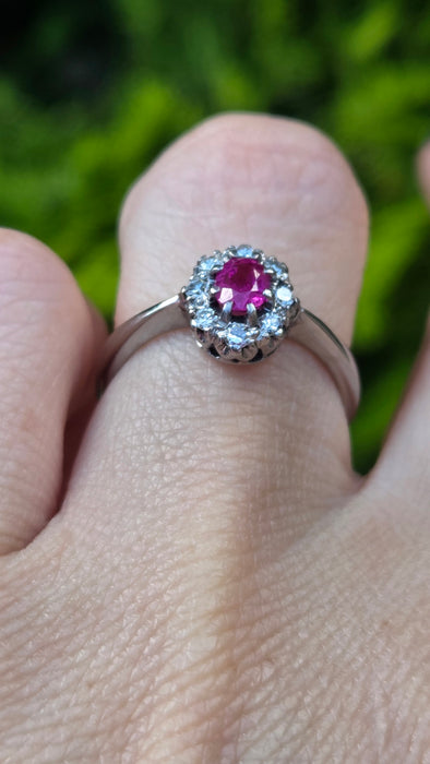 Vintage: 18ct White Gold Ruby 0.50ct & Diamond 0.24ct Oval Dress Ring