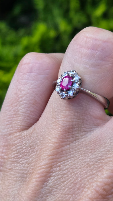 Vintage: 18ct White Gold Ruby 0.50ct & Diamond 0.24ct Oval Dress Ring