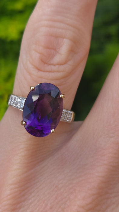 Vintage: 9ct Yellow Gold Amethyst & Diamond Cocktail Ring