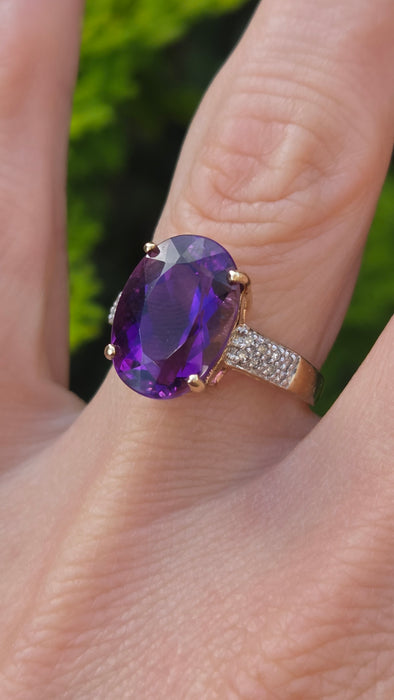 Vintage: 9ct Yellow Gold Amethyst & Diamond Cocktail Ring