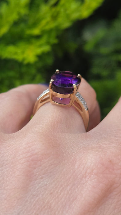 Vintage: 9ct Yellow Gold Amethyst & Diamond Cocktail Ring