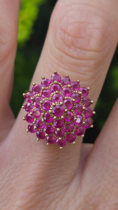 Vintage: 9ct Yellow Gold Ruby Round Cluster Cocktail Ring
