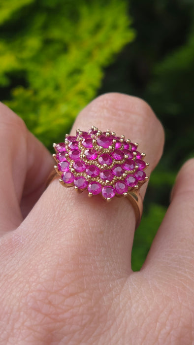 Vintage: 9ct Yellow Gold Ruby Round Cluster Cocktail Ring