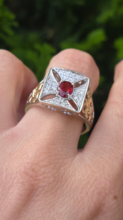 Vintage: 9ct Yellow Gold Ruby & 28 Diamond 0.51ct Art Deco Style Ring