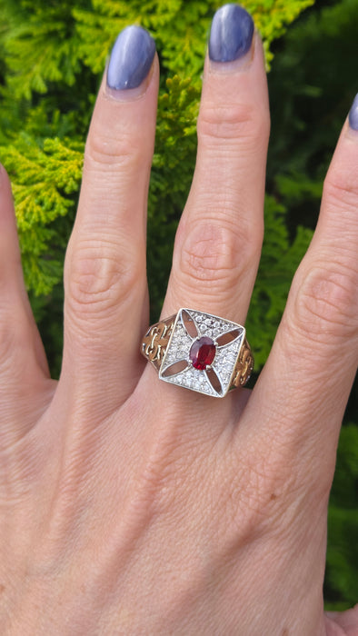 Vintage: 9ct Yellow Gold Ruby & 28 Diamond 0.51ct Art Deco Style Ring