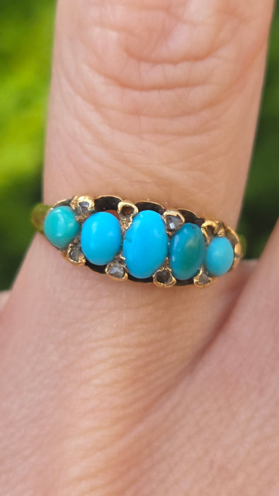 Vintage: 18ct Yellow Gold Five Turquoise & Diamond Edwardian Style Ring — From 1942