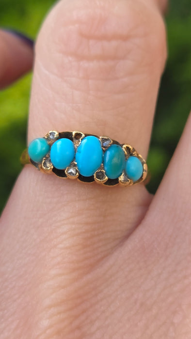 Vintage: 18ct Yellow Gold Five Turquoise & Diamond Edwardian Style Ring — From 1942