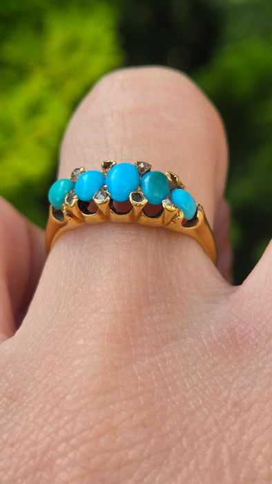 Vintage: 18ct Yellow Gold Five Turquoise & Diamond Edwardian Style Ring — From 1942
