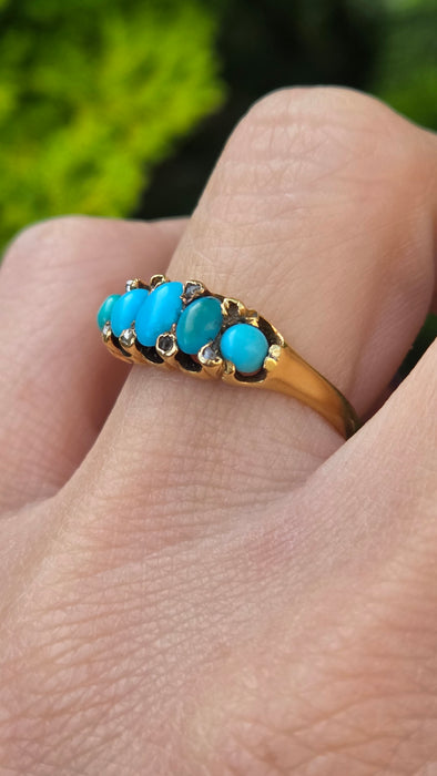 Vintage: 18ct Yellow Gold Five Turquoise & Diamond Edwardian Style Ring — From 1942