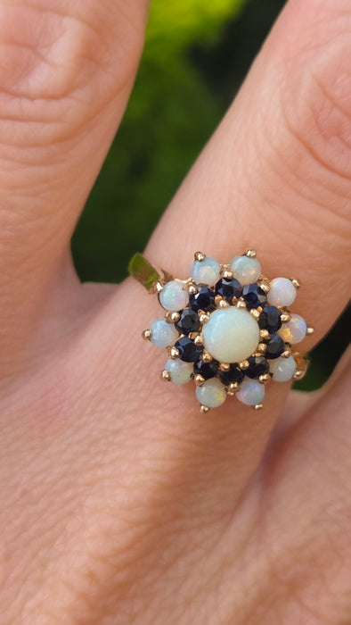 Vintage: 9ct Yellow Gold Sapphire & Opal Cluster Ring — From 1974