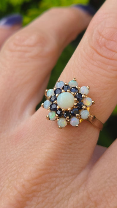Vintage: 9ct Yellow Gold Sapphire & Opal Cluster Ring — From 1974