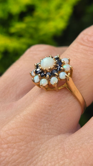 Vintage: 9ct Yellow Gold Sapphire & Opal Cluster Ring — From 1974