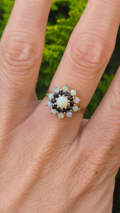 Vintage: 9ct Yellow Gold Sapphire & Opal Cluster Ring — From 1974