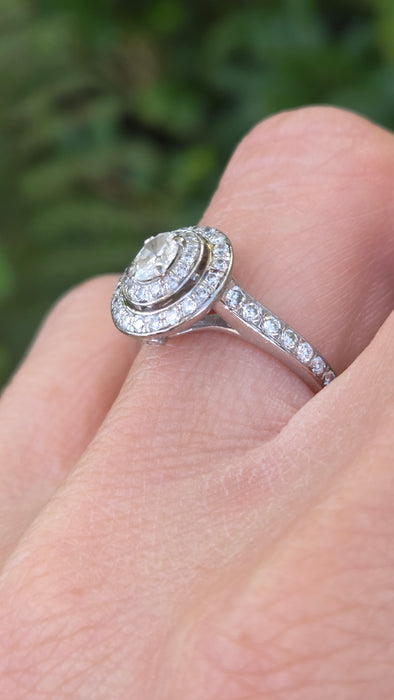 Vintage: 18ct White Gold Diamond 0.70ct Oval Halo Cluster Ring by Jenny Packham