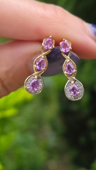 Vintage: 9ct Yellow Gold Purple Sapphire & White Topaz Drop Stud Earrings